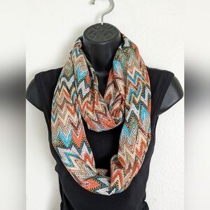 Infinity Scarf Chevron Turquoise Orange Beige Brown 64x27 Lightweight Polyester